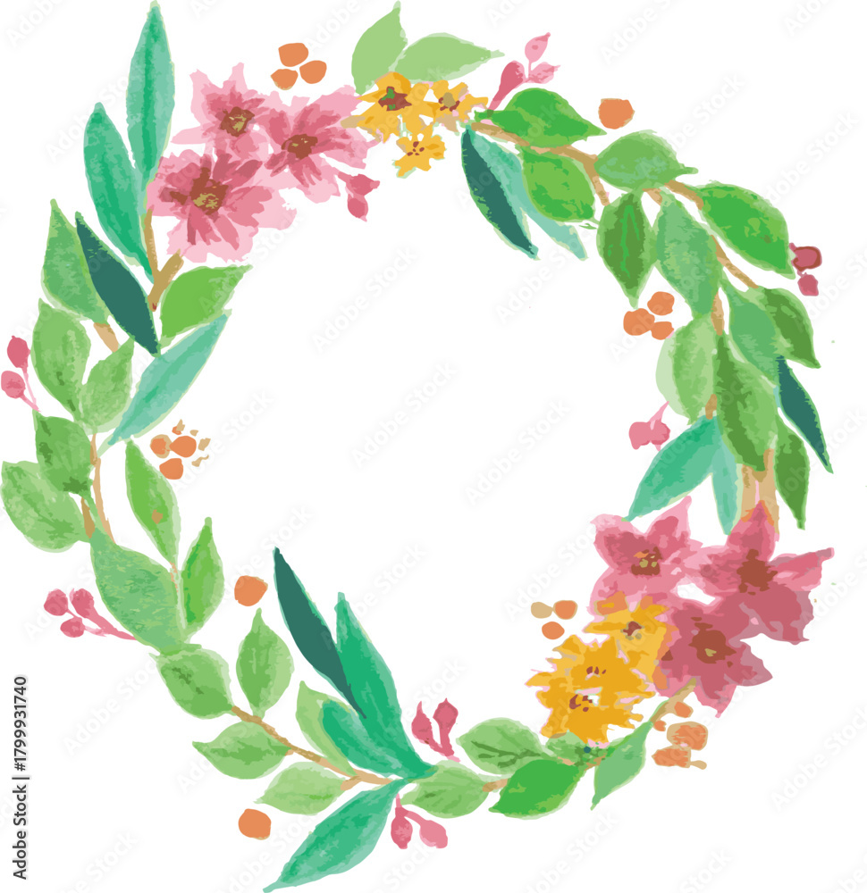 Fototapeta premium Watercolor Floral Wreath with Pink and Yellow Blossoms