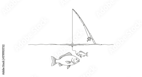 Fishing rod and fish line art illustration isolated on