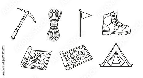 Set of camping equipment isolated on