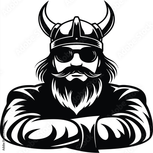 Stern Viking Warrior with Horned Helmet and Sunglasses Strikes a Powerful Pose