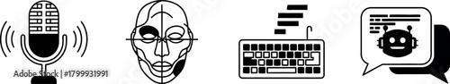 AI Communication, Voice Recognition, Facial Biometrics, and Typing Interface - Icons Representing Human-Computer Interaction, Machine Learning, and Data Processing.