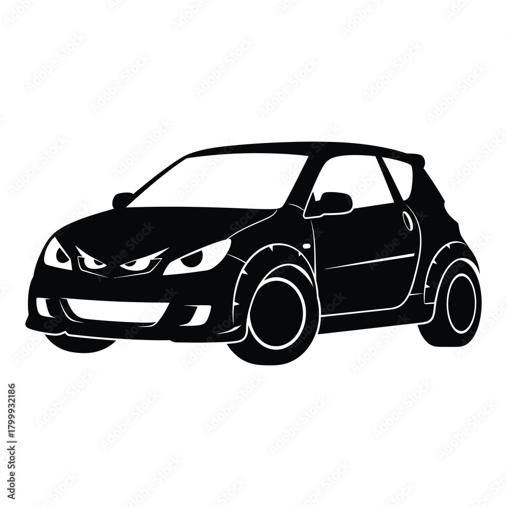 Fototapeta premium Sleek black cartoon car with aggressive headlights ready to race, perfect for automotive designs or children's illustrations, isolated for easy editing