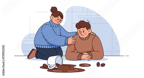 Empathetic woman comforts sad man after coffee spill, offering support and understanding during a moment of distress