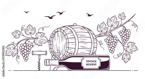 Vintage wine barrel with bottle and corkscrew isolated on