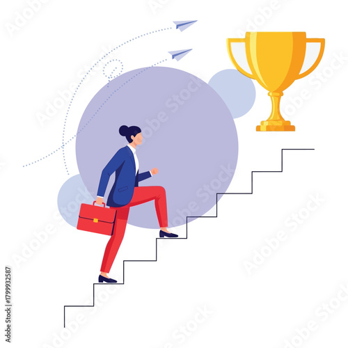 Businesswoman climbing stairs to trophy on concept of career growth and achievement