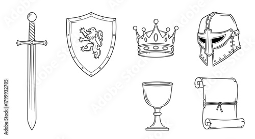 Collection of medieval symbols and objects isolated on