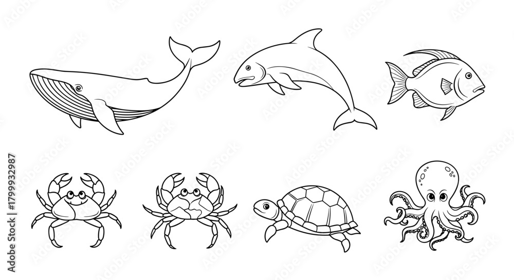 Obraz premium Collection of sea animals in line art isolated on ocean wildlife