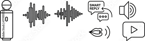Line Icons for Digital Automation, Sound Wave Analysis, Speech Recognition, and Multimedia Communication.