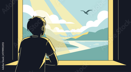 Young person gazing out a window at a serene lakeside landscape bathed in warm sunlight and a soaring bird