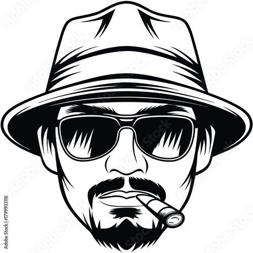 Line art reveals a stylish man wearing a hat, sunglasses and smoking a cigar