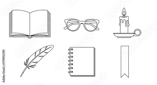 A collection of vintage writing tools and reading accessories isolated on