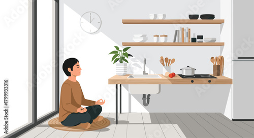 Calm man meditating peacefully in a modern kitchen, finding inner peace and mindfulness amidst daily life