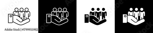 Participation icon set in line and glyph style on black and white background