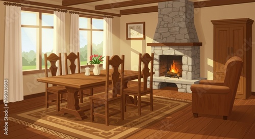 Cozy dining room scene with wooden furniture fireplace and natural light
