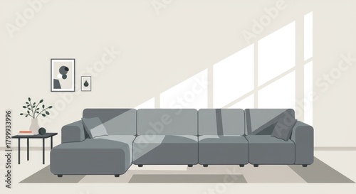 Modern gray sectional sofa in a sunlit living room with minimal decor