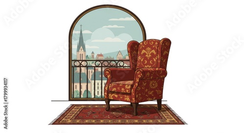 Cozy armchair with city view through arched window illustration