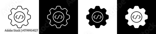 Code icon set in line and glyph style on black and white background