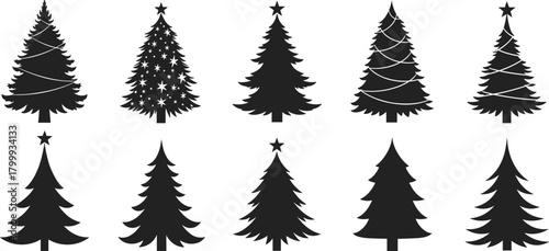 Christmas tree silhouette collection with stars and decorations, festive holiday pine trees, winter season graphic elements, decorative evergreen illustration set