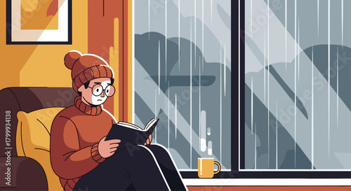 Cozy person reading book by window on rainy day with warm drink, enjoying peaceful indoor escape and quiet relaxation