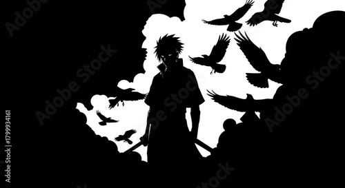 Dark Silhouette of Anime Warrior with Sword Surrounded by Flying Crows Against a Dramatic Cloud Background, Conceptual Illustration of Samurai, Ninja, or Revenge.