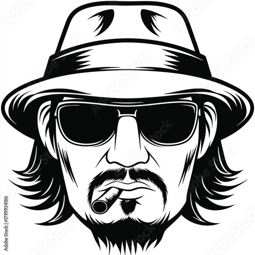 Silhouette of a man wearing a hat and sunglasses smoking a cigar illustrates confidence