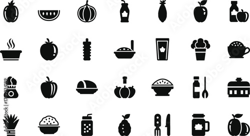 Food icons showcasing fruits meals and beverages for culinary and nutritional uses