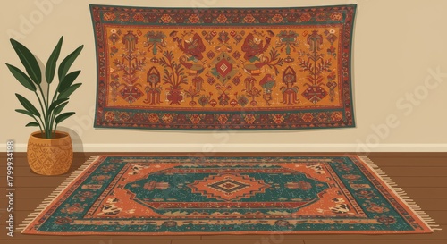 Decorative rug and tapestry composition with potted plant on wooden floor