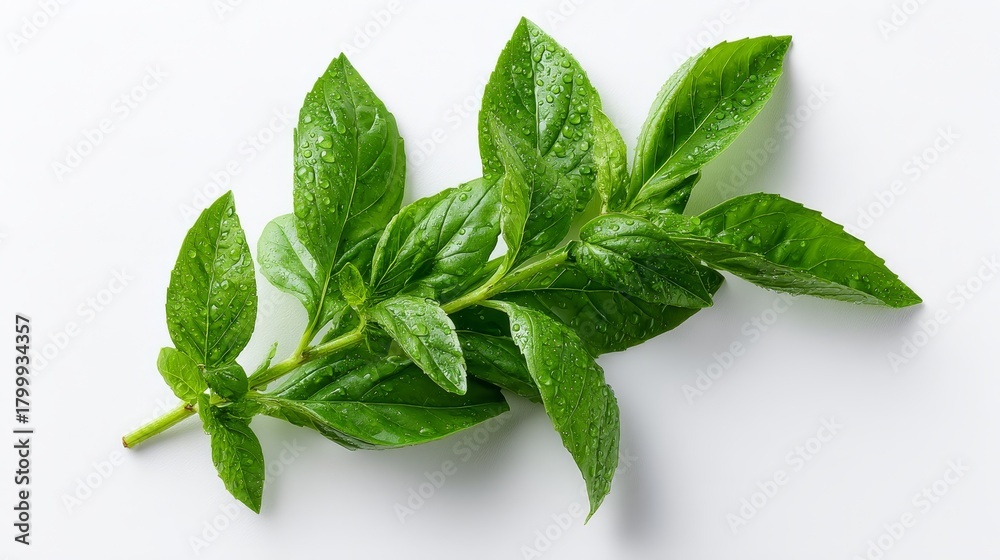Obraz premium Fresh basil sprig with dewdrops isolated on white background for culinary, herbal, natural, ingredient, green