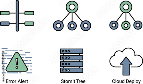 Error Alert, Server Stacks, Data Tree Structure, and Cloud Deploy Symbols for IT Technology, Networking, System Status, and Digital Infrastructure.