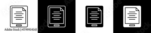 Ebook Reader icon set in line and glyph style on black and white background