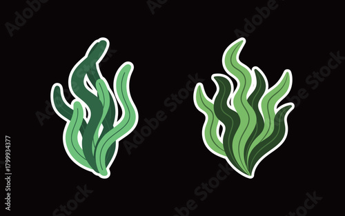 Set of Green Seaweed or Underwater Algae Sticker Vectors: Wavy Marine Plants with White Outline for Ocean and Nature Decoration