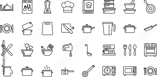 Collection of hand drawn kitchen and cooking utensil icons in a grid layout for culinary themes