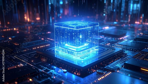 Stylized digital rendering of illuminated CPU on circuit board. Glowing blue-orange lights suggest active data flow, AI processing, and advanced computing infrastructure in a high-tech visual theme.