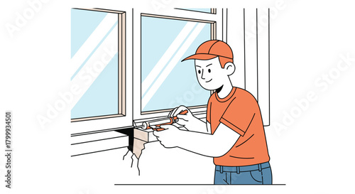 Skilled handyman expertly sealing window cracks with sealant gun for professional home repair and maintenance