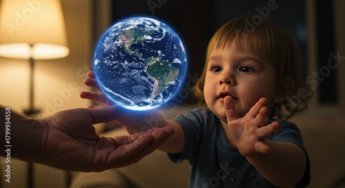 Child reaching for glowing earth globe presented by hand indoors