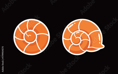Orange Spiral Seashell Sticker Vector: Circular and Side View of Snail Shell with White Outline for Nautical and Ocean Decoration