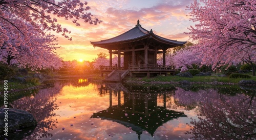 Tranquil pagoda reflecting in still water surrounded by cherry blossoms