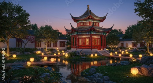 Tranquil asian garden with pagoda and lanterns at dusk