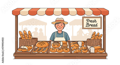Friendly baker proudly displays a delicious array of fresh artisanal breads and pastries at a vibrant market stall