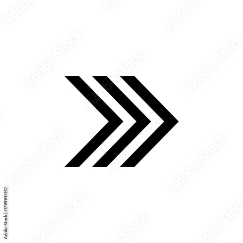 Black triple arrow icon pointing right, symbolizing forward progress, speed, next step, direction, navigation, and advancement.