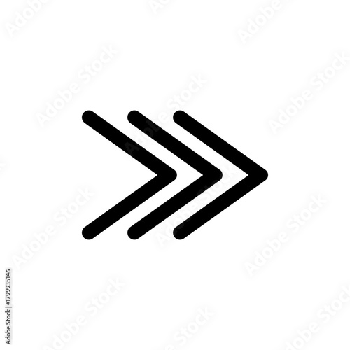 Right pointing triple arrows icon representing fast forward, next, skip, and forward navigation for digital interfaces and multimedia.