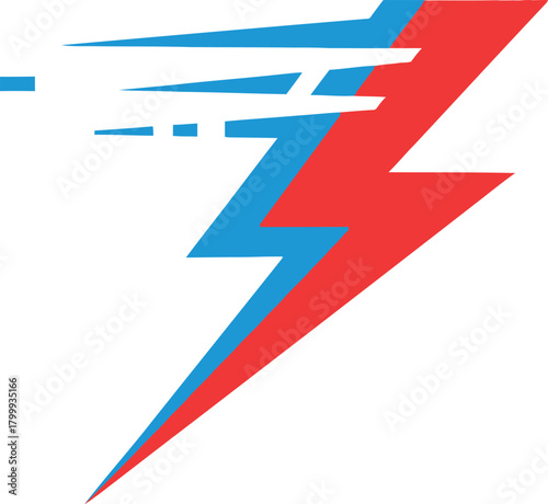 Dynamic lightning bolt icon in contrasting red and blue, symbolizing speed, power, energy, electricity, urgency, fast delivery, and athletic performance, isolated on white background.