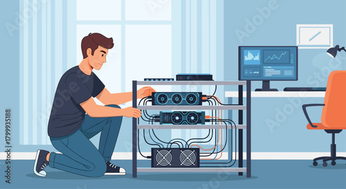 Tech enthusiast meticulously assembling cryptocurrency mining rig with multiple graphics cards and monitor displaying data