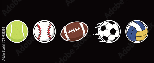 Sports Balls Sticker Collection Vector: Tennis, Baseball, Football, Soccer, and Volleyball in Flat Design for Game and Athletic Themes