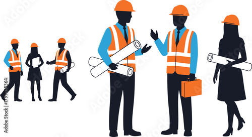 Construction engineer team illustration set, workers wearing safety vests and helmets discussing blueprints, professional job site vector graphics for industry design