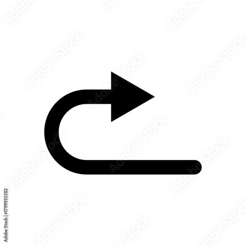 U-turn arrow icon, sleek black curved symbol indicating direction, return, undo, or repeat navigation function. isolated simple graphic element.