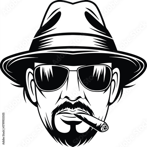 Monochromatic sketch portrays a man wearing hat and sunglasses smoking a cigar, a bold graphic