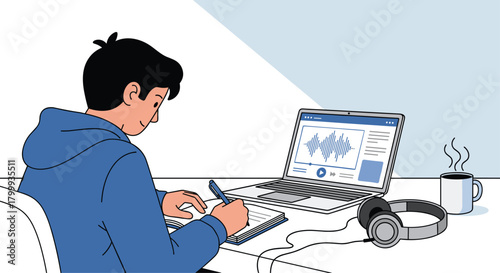 Young person immersed in digital audio creation, writing notes beside laptop and headphones, focused on sound waves