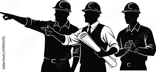 Construction engineers and supervisors discussing plans, teamwork silhouette illustration with hard hats, blueprints, project management, industrial workforce coordination