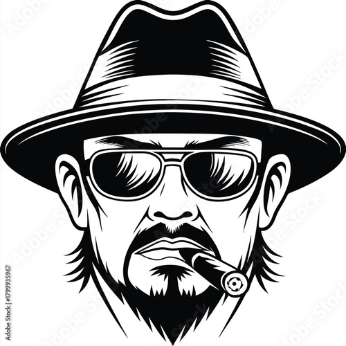 Stern man with fedora, glasses, beard, and cigar shows a monochrome look